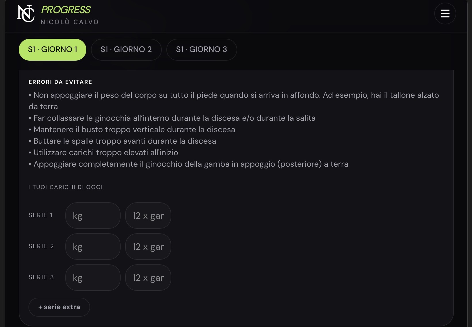 Anteprima della registrazione dei carichi durante l'allenamento
